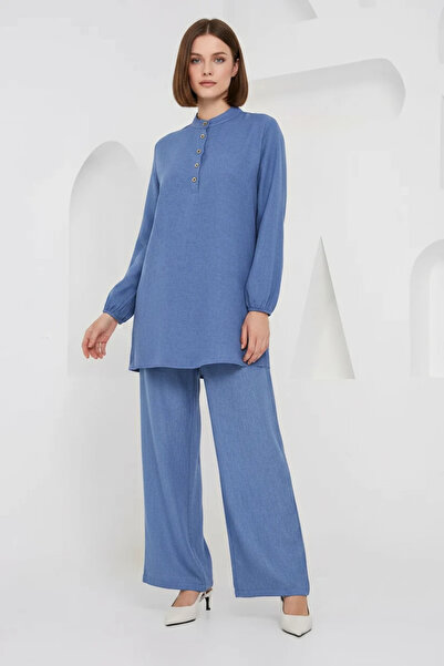 Generic Brand Women's Judge Collar Buttoned Linen Indigo Double Suit