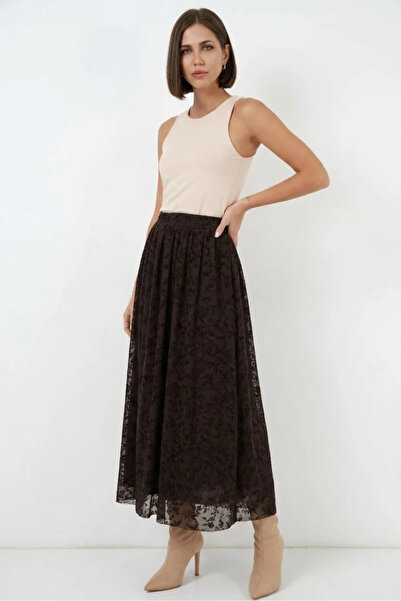 buğrahayalin Women's Lined Flocked Printed Cotton Brown Skirt