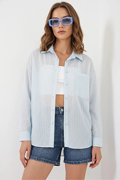 buğrahayalin Women's Oversize Single Pocket Striped Viscose Blue Shirt