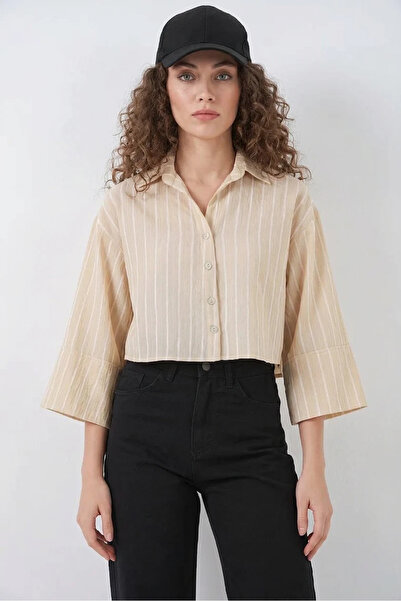 Efnaz style Women's Oversize Striped Viscose Beige Shirt