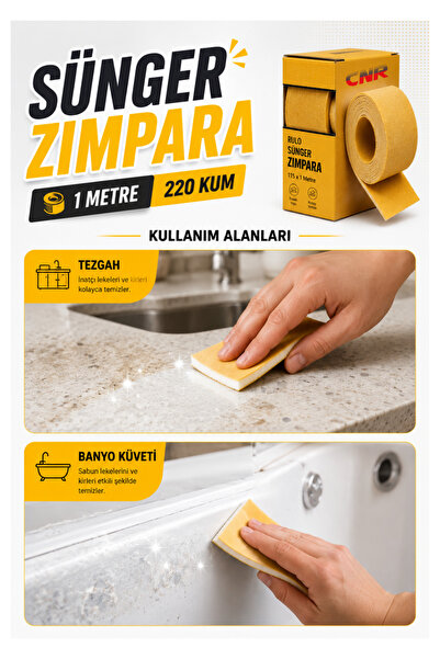 CNR Sünger - Ahşap Zımpara Kağıdı | Mutfak Banyo Bulaşık Sünger | Süngerli Bant Kağıt Zımpara ( 1 Metre - 220 Kum)