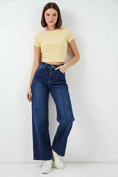 buğrahayalin Women's High Waist Stitched Detailed Denim Navy Blue Trousers