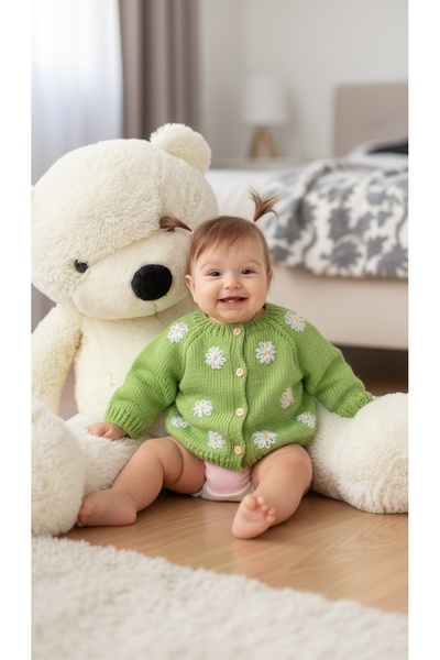 Tokuşka 0-1 Year Old Green Color Knitted White Daisy Motif Baby Cardigan