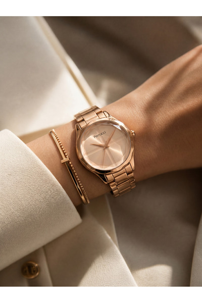 Ferrucci Kristal Cam Detaylı Rose Gold Kadran Rose Gold Metal Kordon Kadın Ko...