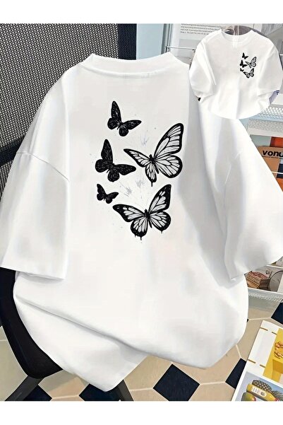 121 Women's Casual Short Sleeve Round Neck Flying Butterfly Pattern Blouse wi...