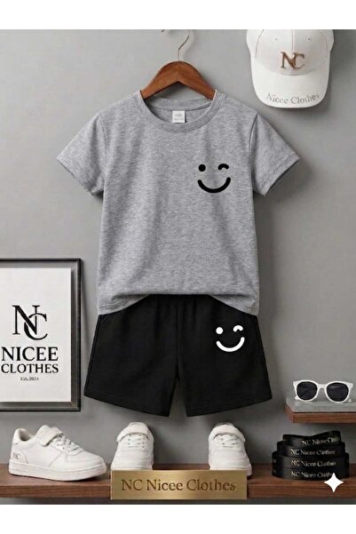NC Nicee Clothes Summer Children's T-Shirt Shorts Unisex (Black Smile Emoji P...