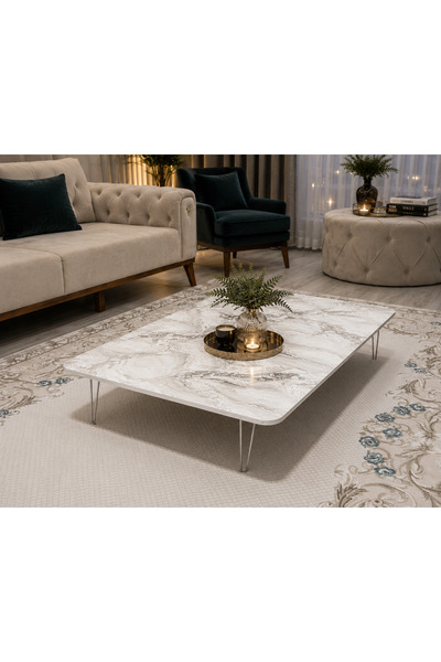 marpas Mermer Desenli Katlanır Yer Sofrası 70x120 cm – MDF Gövde – Beyaz Mode...