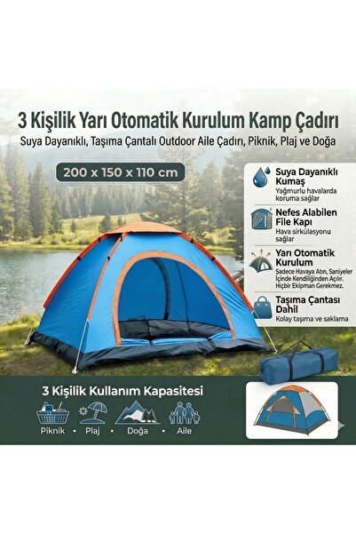 Go İthalat 3 Kişilik Yarı Otomatik Kurulum Kamp Çadırı – Suya Dayanıklı, Taşı...