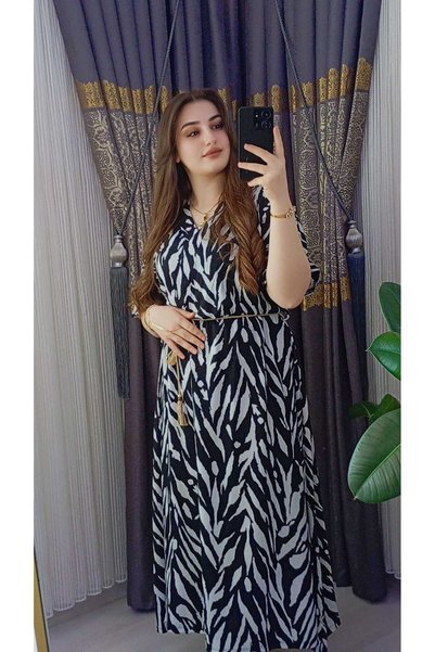 mavolie فستان كاجوال منقوش بياقة على شكل V