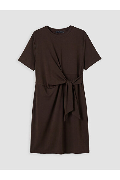 LC Waikiki Nevavm Oval Collar Tie-Up Gathered Dress with a Difference