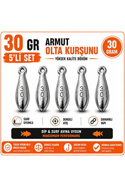 EK AV EKİPMANLARI 30 Gr ARMUT OLTA KURŞUNU 5 ' Lİ SET -SURF & DİP AVI İÇİN YÜ...