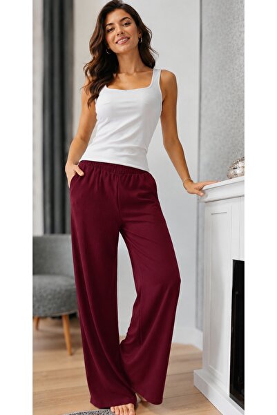 moda felinya KADIN BORDO RENK YAZLIK BELİ LASTİKLİ BÜRÜMCÜK KUMAŞ PALAZZO PAN...