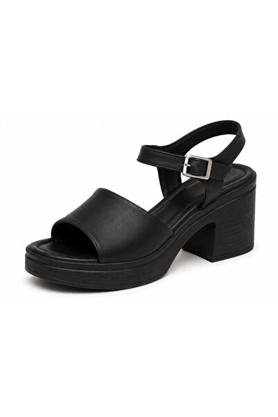 NP.1527.SİYAH.DERİ Napa Shoe Kadın Siyah Platform Topuklu Bilekten Tokalı Sandalet