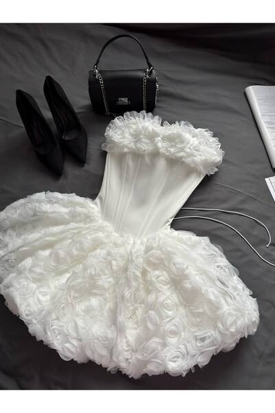 nisshop 3 Boyutlu Gül Detaylı Straplez Mini Elbise | Mezuniyet, Nikah ve Afte...