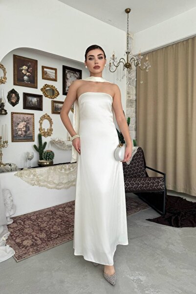 Caddebostan Moda Strapless Shawl Detailed Satin Long Evening Dress