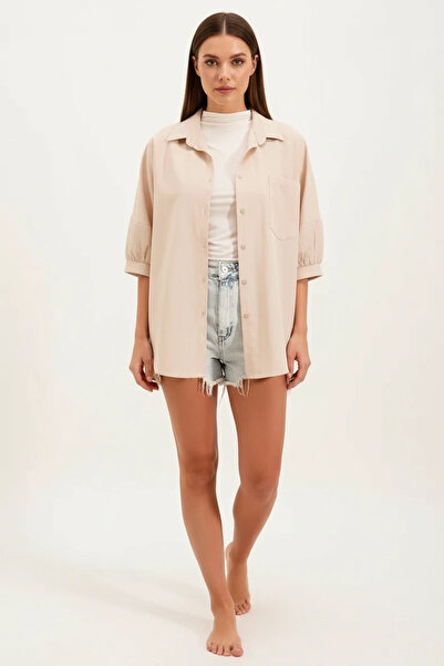 buğrahayalin Women's Short Sleeve Basic Oversize Cotton Cream Shirt