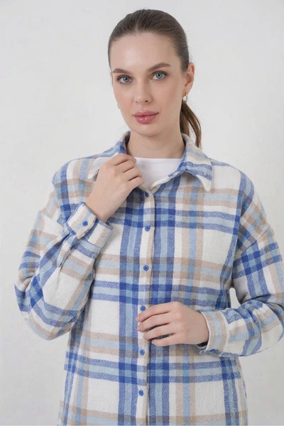 Efnaz style Women's Oversize Plaid Patterned Cotton A.Ecru Shirt