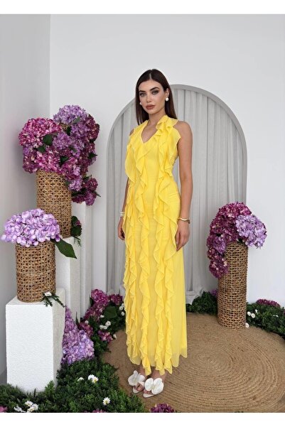 Caddebostan Moda Women's V-Neck Ruffle Stylish Evening Dress, Graduation and ...