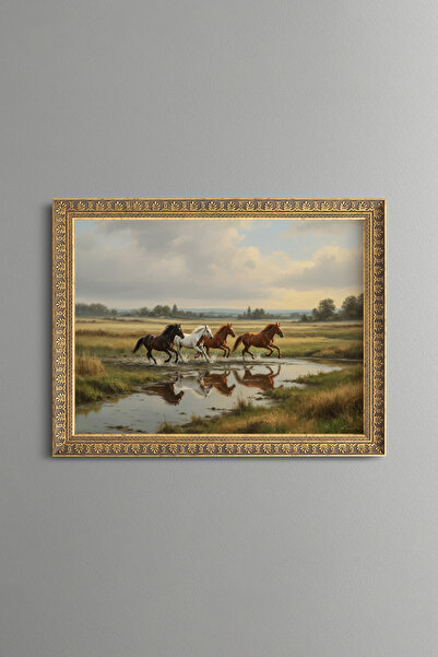 epiqart Running Horse Herd in the Steppe - Vintage Patterned Frame - Slim Model
