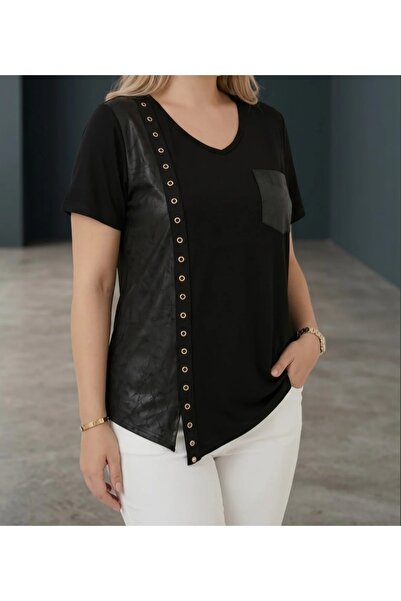 ZY BUTİK Black Side Bird Eye Faux Leather Detailed Short Sleeve V-Neck Asymme...