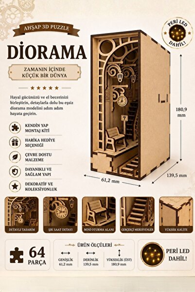 ALGWOOD Tren İstasyonu Ahşap 3D Puzzle Diorama Kitap Ayracı – Peri LED Işıklı...