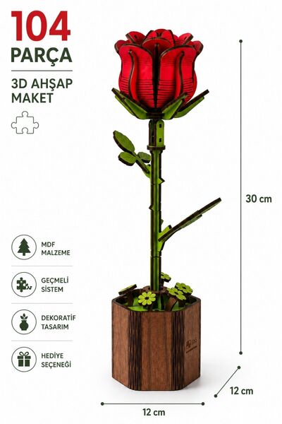 ALGWOOD Kırmızı Gül 3D Ahşap Maket – Renkli MDF, 104 Parça Geçmeli Sistem Dek...