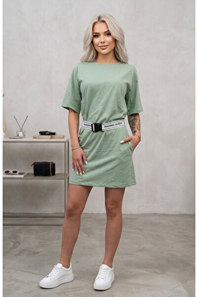 Aylin Mint Green T-Shirt Dress with "Magmac Queen" Buckle Belt – Casual Mini ...