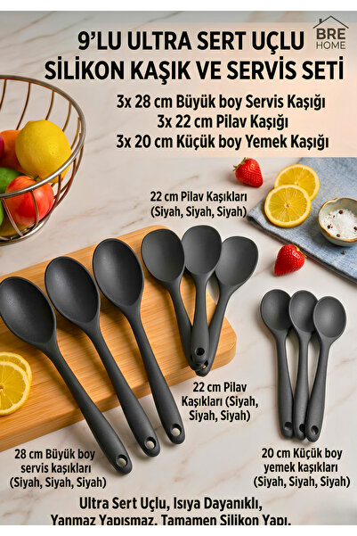 BRE HOME 9 Parça Tamamen Silikon Servis Seti - 3 Boy Ultra Sert Uçlu Isıya Da...