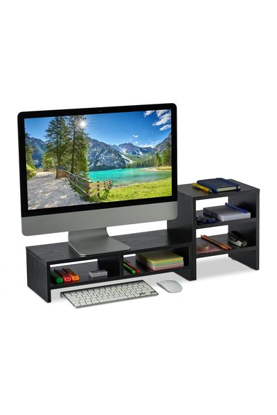 Relaxdays Suport monitor cu rafturi, PAL, negru
