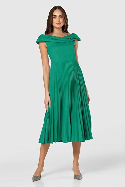ROHBOUTIQUE Closet London Green Draped Neck Pleated Midi Dress - Dr4514
