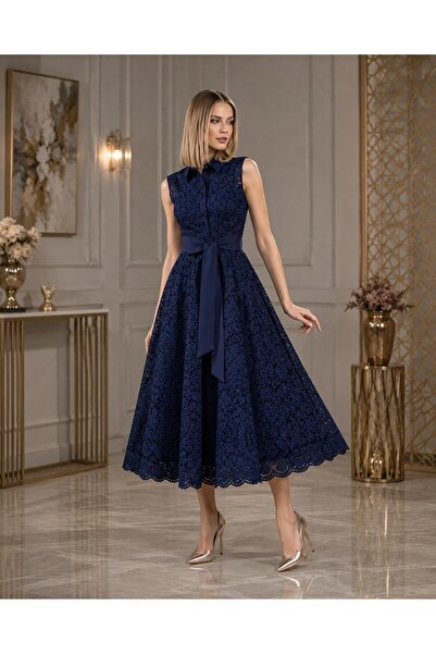 ALYEL NAKER Belted Night Blue Corded Lace Midi Shirt Dress