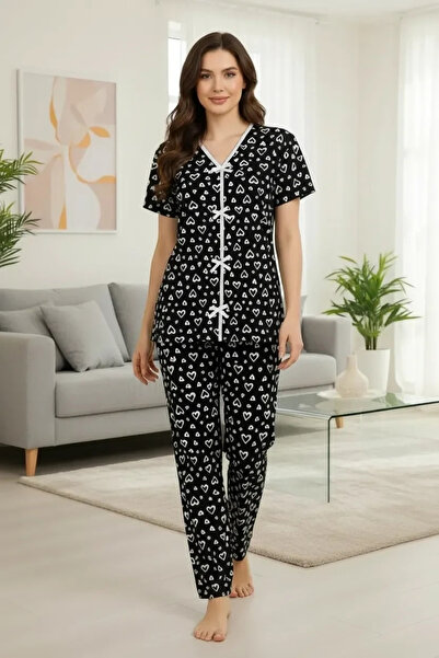 Beruflic Women's Black Heart Patterned Bow Detailed Short Sleeve Long Pajama ...