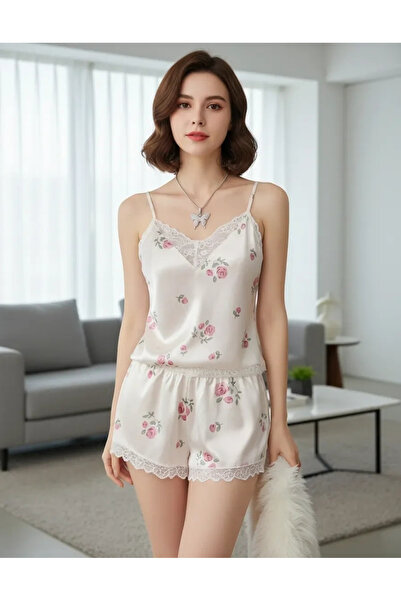Beruflic Women's Ecru Rose Patterned Strappy Lace Detailed Pajama Set Stylish...