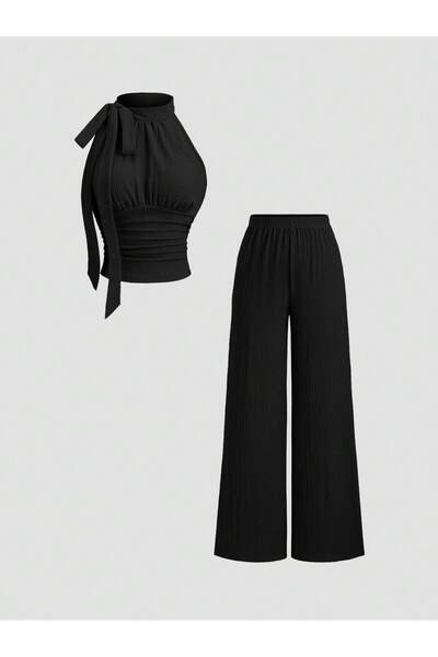 meren like your style Set negru cu top tip halter și pantaloni largi