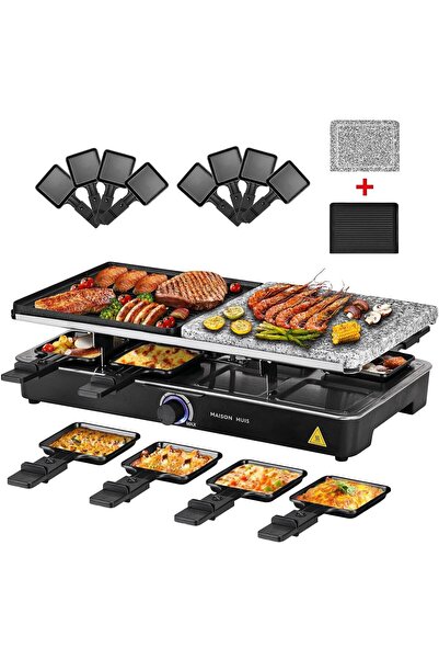 MAISON HUIS Raclette Grill 2'si 1 arada, doğal ızgara taşlı ve 8 kişilik ızga...