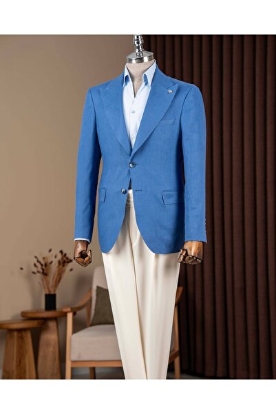 TerziAdemAltun Slim Fit Men's Pointed Collar Linen Single Jacket Saks T20157-22
