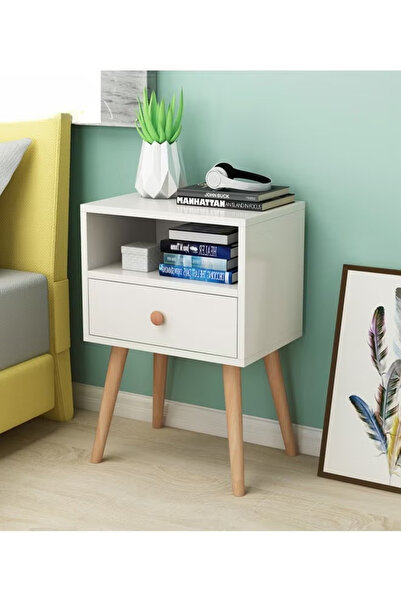 ENAR Nordic Minimalist Bedside Table 1 Drawer White Solid Wood Legs Nightstan...