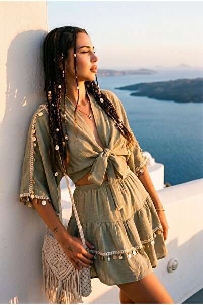 FASHION COCKTAIL Mediterranean-Inspired Sequined Mussel Oyster Starfish Decorative Hanging Ribbon Tied Blouse Layered Mini Skirt Seaside Vacation 2-Piece Bohemian Natural Linen Set