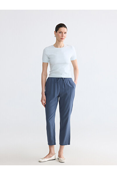 LC Waikiki Navy Blue Elastic Waist Linen Blend Women's Trousers