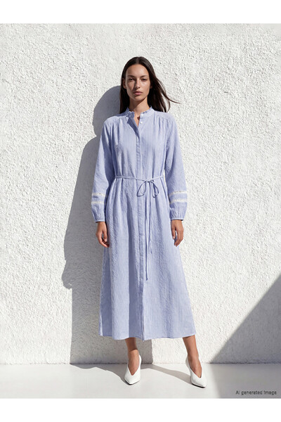 LC Waikiki Blue Hakim Collar Striped Seersucker Shirt Dress
