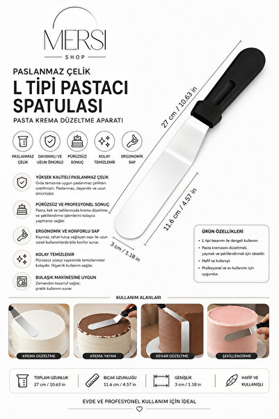 Mersi SHOP Paslanmaz Çelik L Tipi Pastacı Spatulası Pasta Krema Düzeltme Aparatı