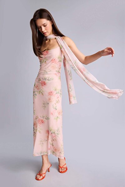 DeFacto Strappy Patterned Tulle Long Dress I0764Ax26Sm
