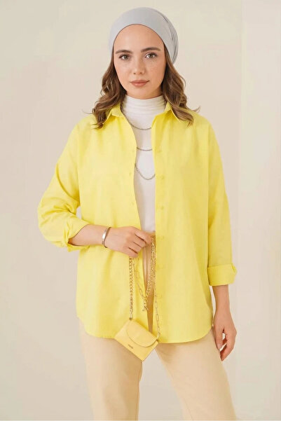 Generic Brand Women's Oversize Basic Cotton Yellow Hijab Shirt