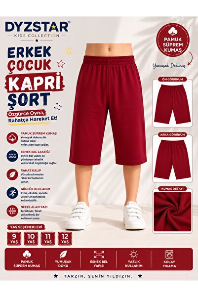 DYZSTAR Erkek Çocuk Pamuk Süprem Kapri Şort Bordo 9-10-11-12 Yaş