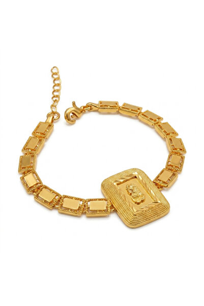 Generic Gold-Tone Rectangular Link Bracelet for Women - Engraved Medallion Ch...