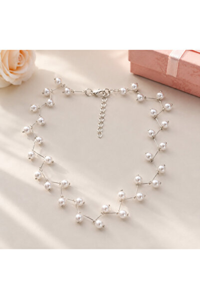 GlaMLo Accessories Ασημένιο κολιέ τσόκερ με διακοσμητικές πέρλες