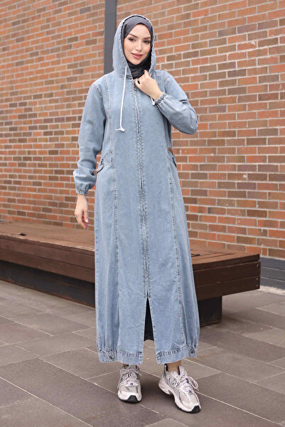 İmajButik Jachetă lungă din denim albastră cu glugă și buzunare
