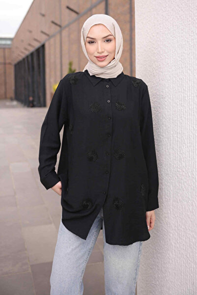 İmajButik Black Beaded Buttoned Shirt