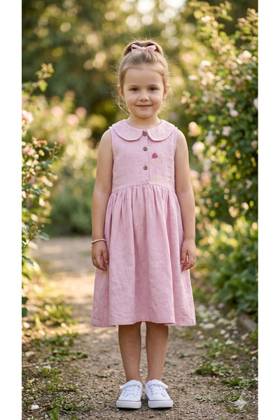 ADA YILDIZ KİDS Girl's Cotton Linen Heart Detailed Dress Pink Color 2/7 Years
