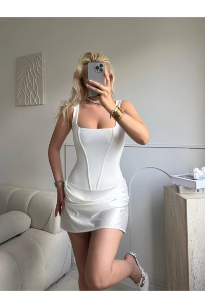 Zora Butik Eteği Drape Bodysuit Elbise - BEYAZ